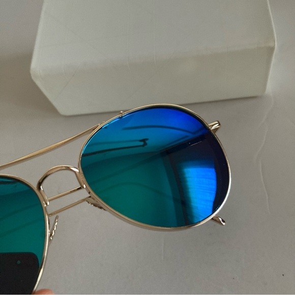 New Aviator Retro Wide Rim Blue Glass Gold Frame Sunglasses - Picture 2 of 7